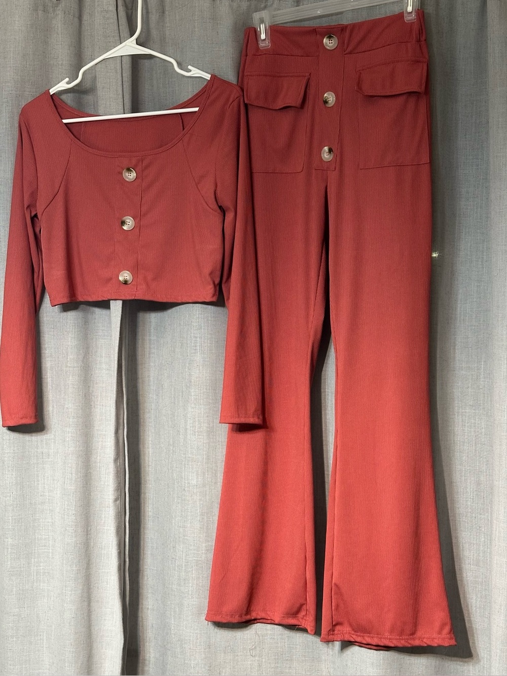 Women’s Rust Ribbed 2-Piece Crop Top & Flare Pants Set XL